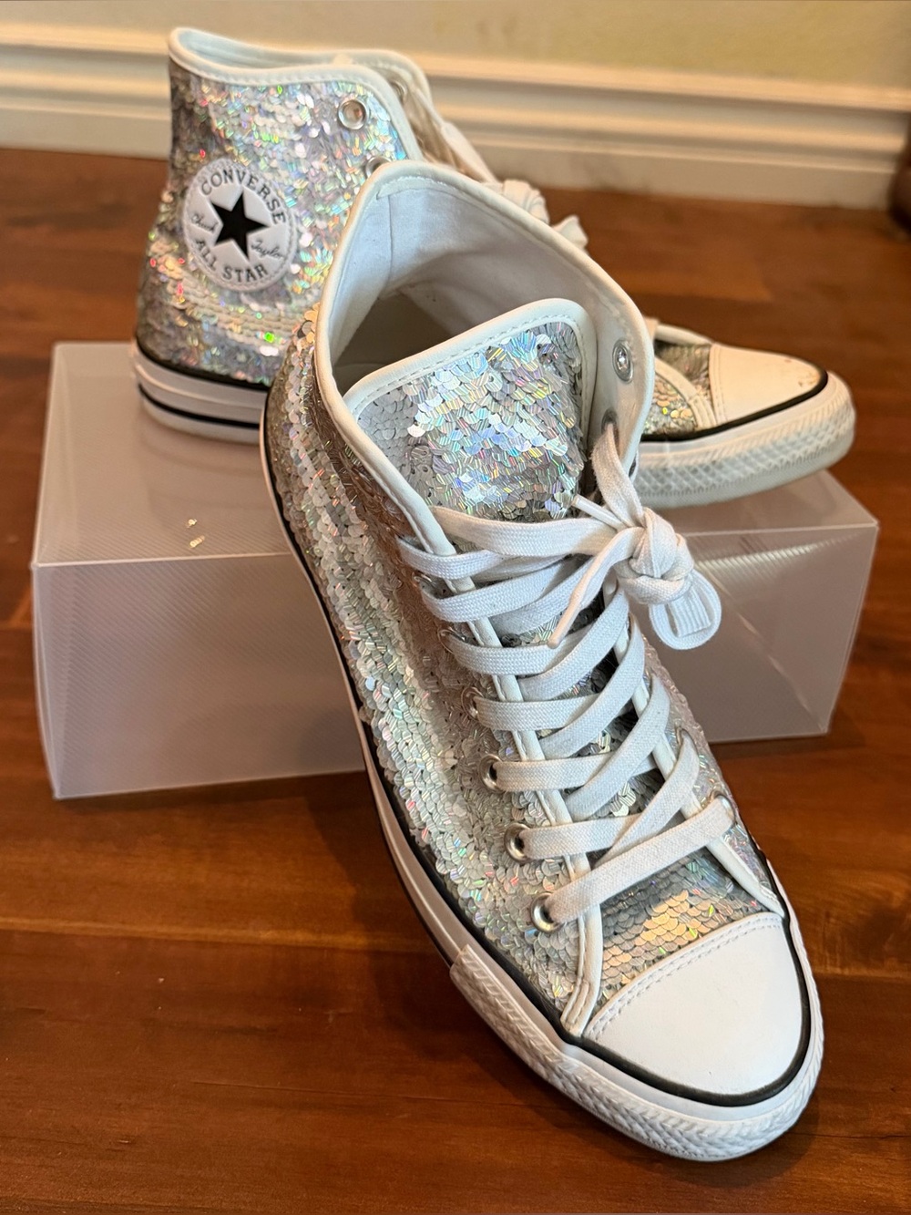 Converse High Top Sequin Sneakers in Iridescent silver